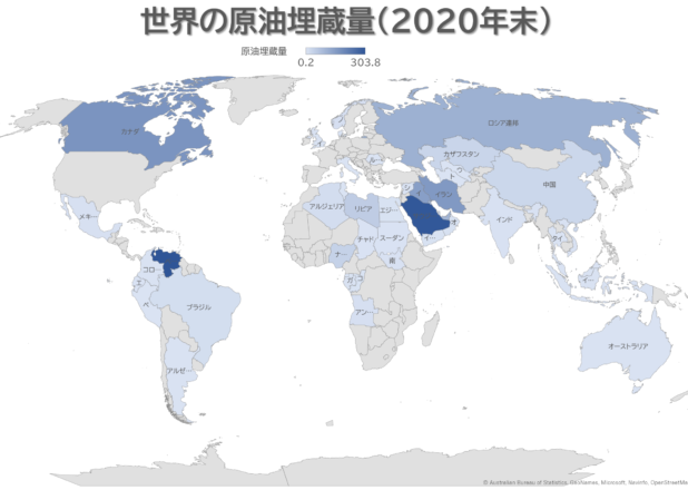 世界の原油埋蔵量（2020）と国別原油埋蔵量の年推移